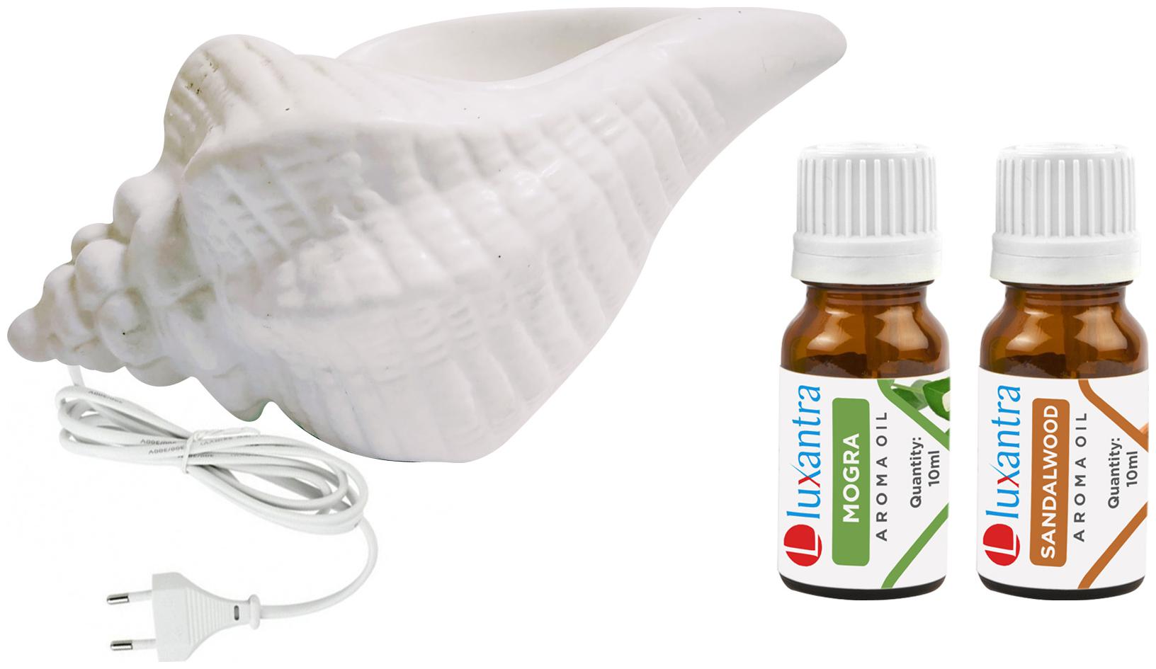

Luxantra White Ceramic Electric Shankh Aroma Diffuser with Mogra Sandalwood Aroma Oil 10ml Each for Home Office hotel 20x11x11cm