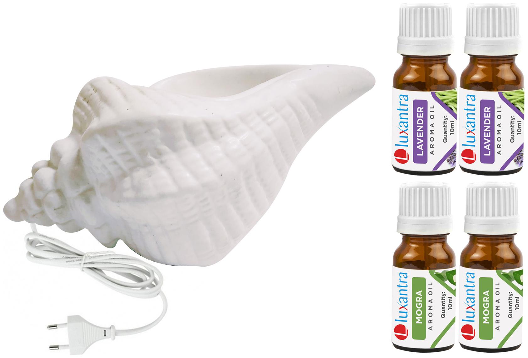 

Luxantra White Ceramic Electric Shankh Aroma Diffuser with 2 Lavender 2 Mogra Aroma Oil 10ml Each for Home Office hotel 20x11x11cm