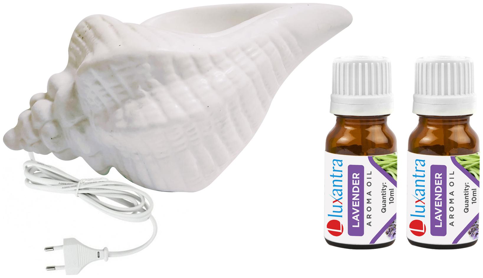 

Luxantra White Ceramic Electric Shankh Aroma Diffuser with 2 Lavender Aroma Oil 10ml Each for Home Office hotel 20x11x11cm