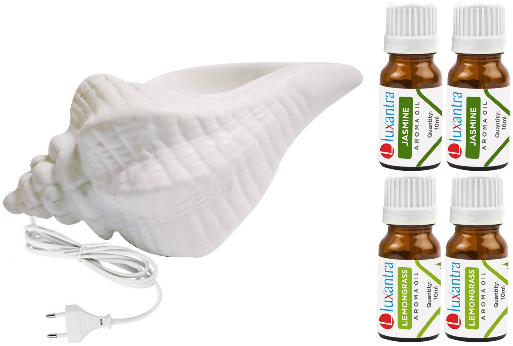 

Luxantra White Ceramic Electric Shankh Aroma Diffuser with 2 Jasmine 2 Lemongrass Aroma Oil 10ml Each for Home Office hotel 20x11x11cm
