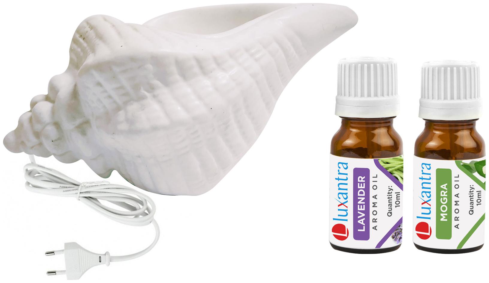 

Luxantra White Ceramic Electric Shankh Aroma Diffuser with Lavender Mogra Aroma Oil 10ml Each for Home Office hotel 20x11x11cm