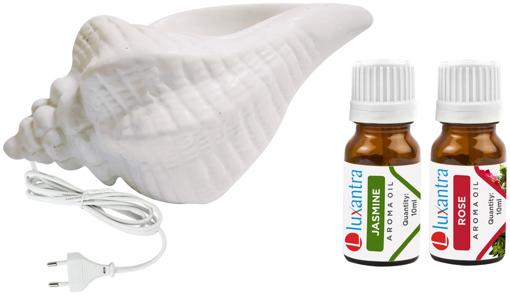 

Luxantra White Ceramic Electric Shankh Aroma Diffuser with Jasmine Rose Aroma Oil 10ml Each for Home Office hotel 20x11x11cm