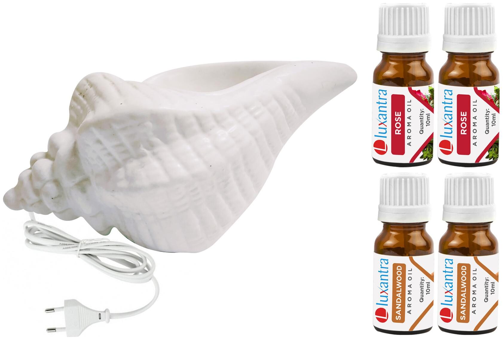 

Luxantra White Ceramic Electric Shankh Aroma Diffuser with 2 Rose 2 Sandalwood Aroma Oil 10ml Each for Home Office hotel 20x11x11cm