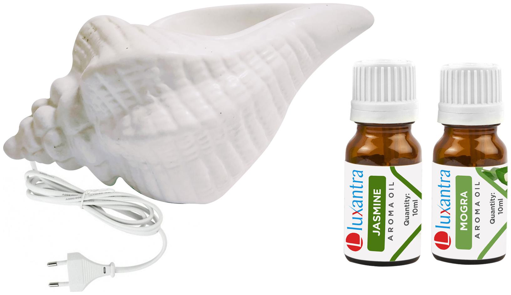 

Luxantra White Ceramic Electric Shankh Aroma Diffuser with Jasmine Mogra Aroma Oil 10ml Each for Home Office hotel 20x11x11cm
