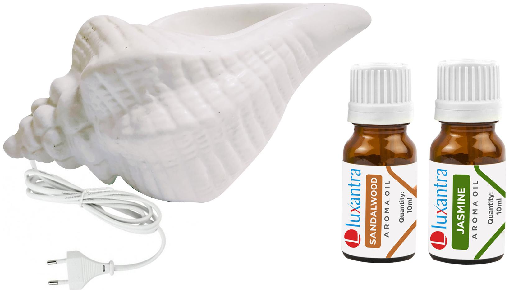 

Luxantra White Ceramic Electric Shankh Aroma Diffuser with Sandalwood Jasmine Aroma Oil 10ml Each for Home Office hotel 20x11x11cm