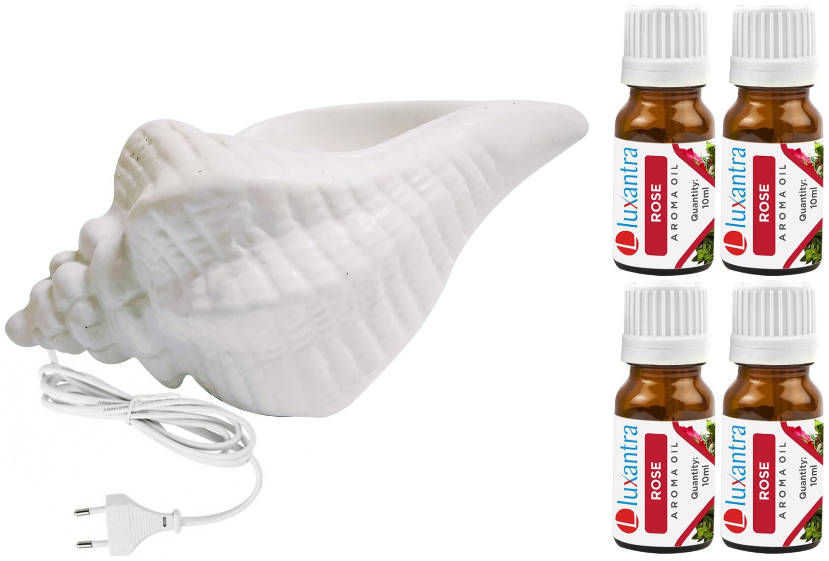 

Luxantra White Ceramic Electric Shankh Aroma Diffuser with 4 Rose Aroma Oil 10ml Each for Home Office hotel 20x11x11cm