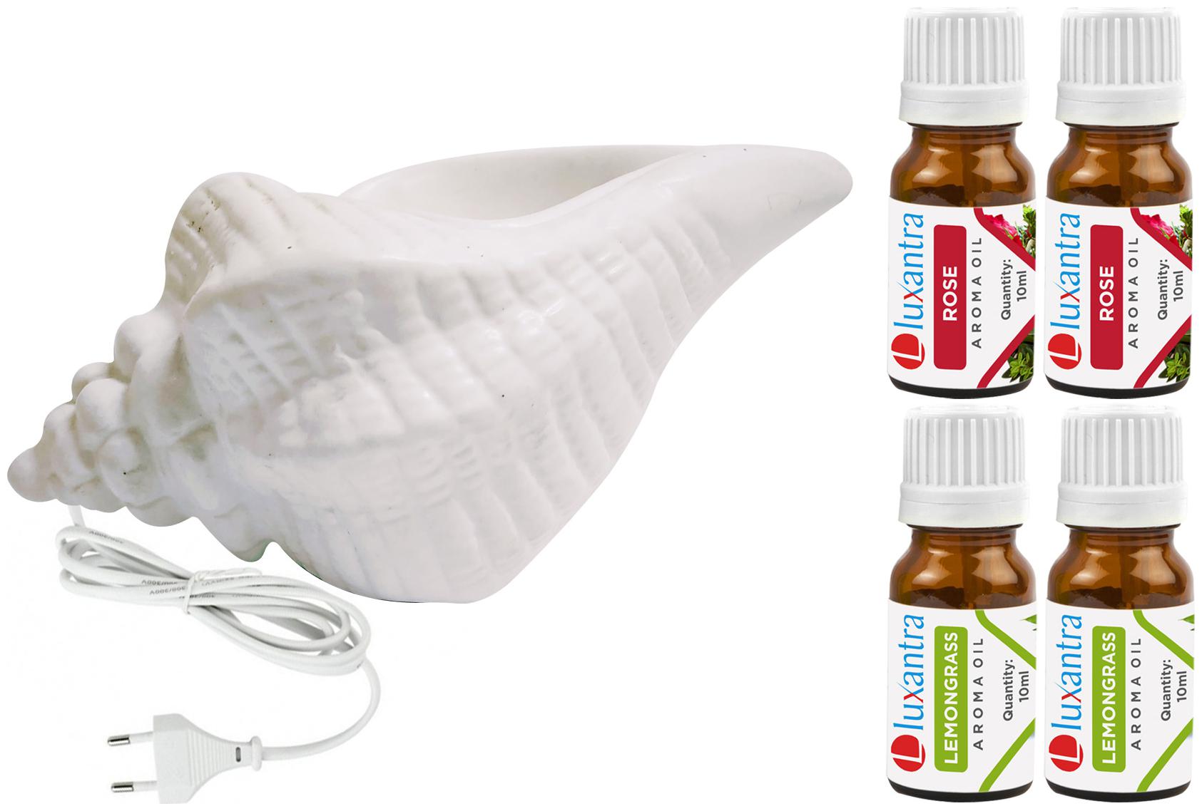 

Luxantra White Ceramic Electric Shankh Aroma Diffuser with 2 Rose 2 Lemongrass Aroma Oil 10ml Each for Home Office hotel 20x11x11cm