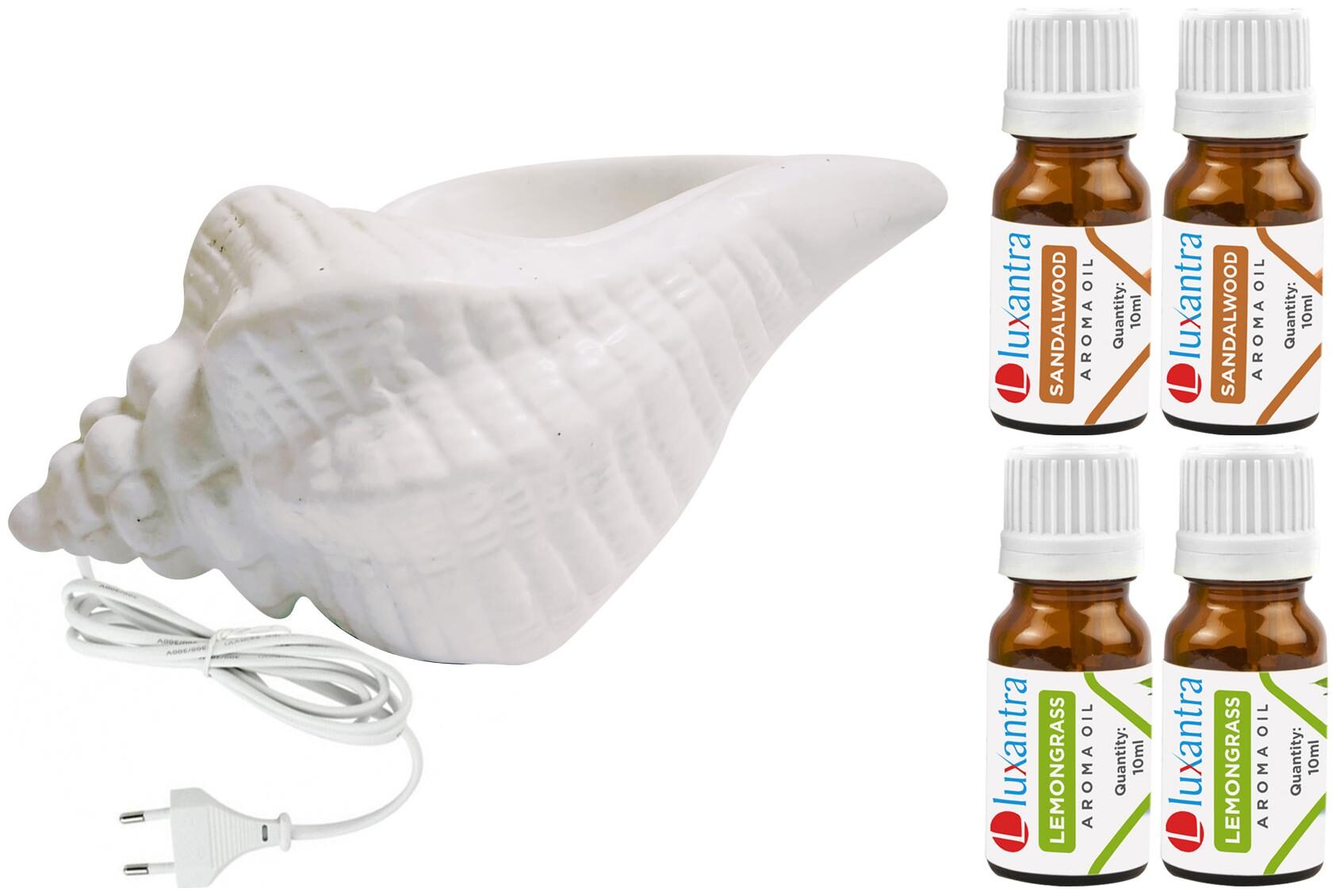 

Luxantra White Ceramic Electric Shankh Aroma Diffuser with 2 Sandalwood 2 Lemongrass Aroma Oil 10ml Each for Home Office hotel 20x11x11cm