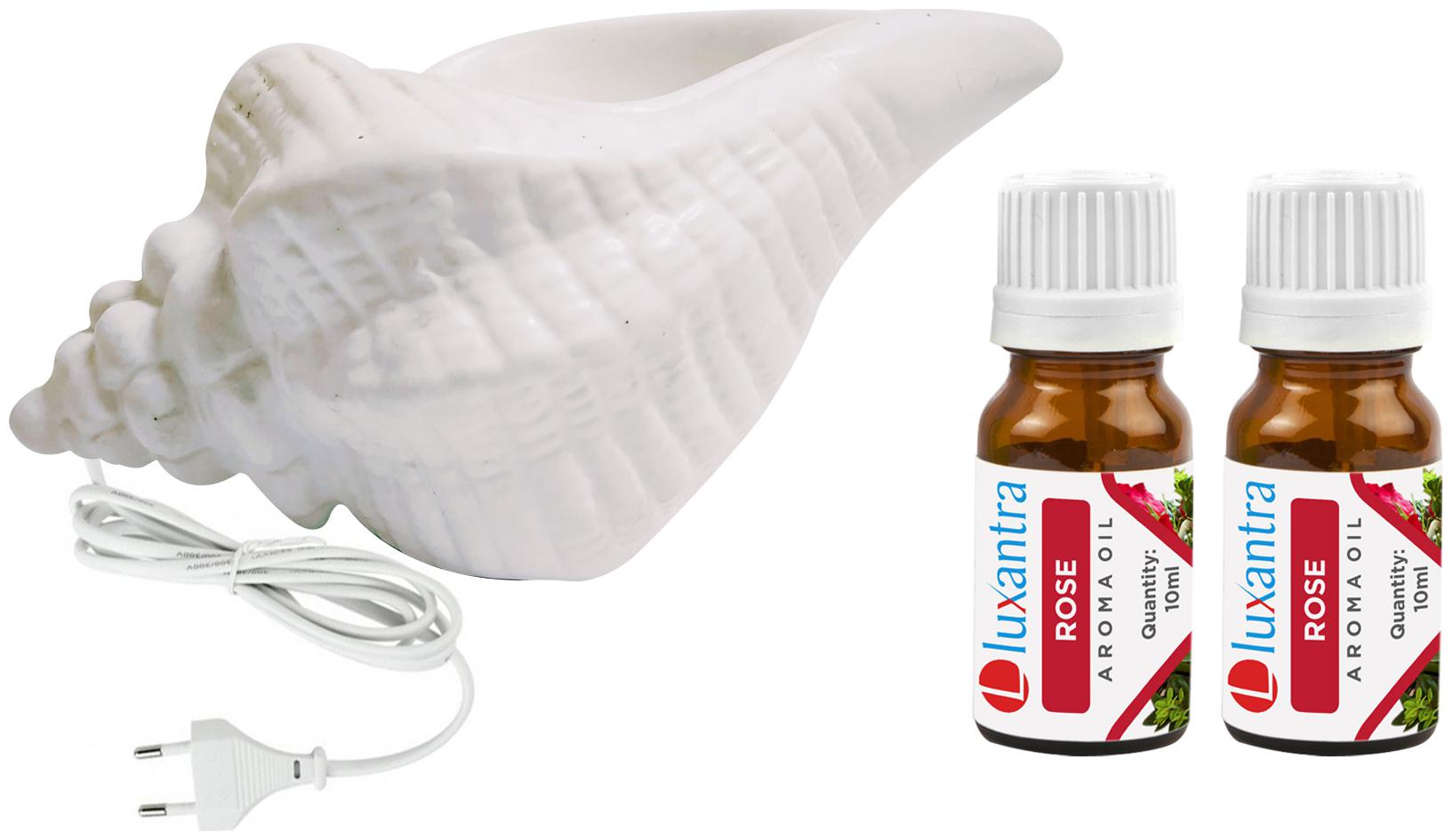 

Luxantra White Ceramic Electric Shankh Aroma Diffuser with 2 Rose Aroma Oil 10ml Each for Home Office hotel 20x11x11cm