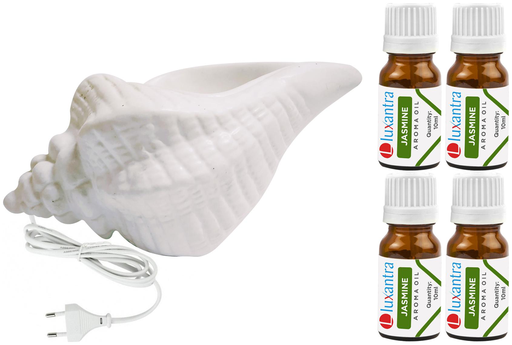 

Luxantra White Ceramic Electric Shankh Aroma Diffuser with 4 Jasmine Aroma Oil 10ml Each for Home Office hotel 20x11x11cm