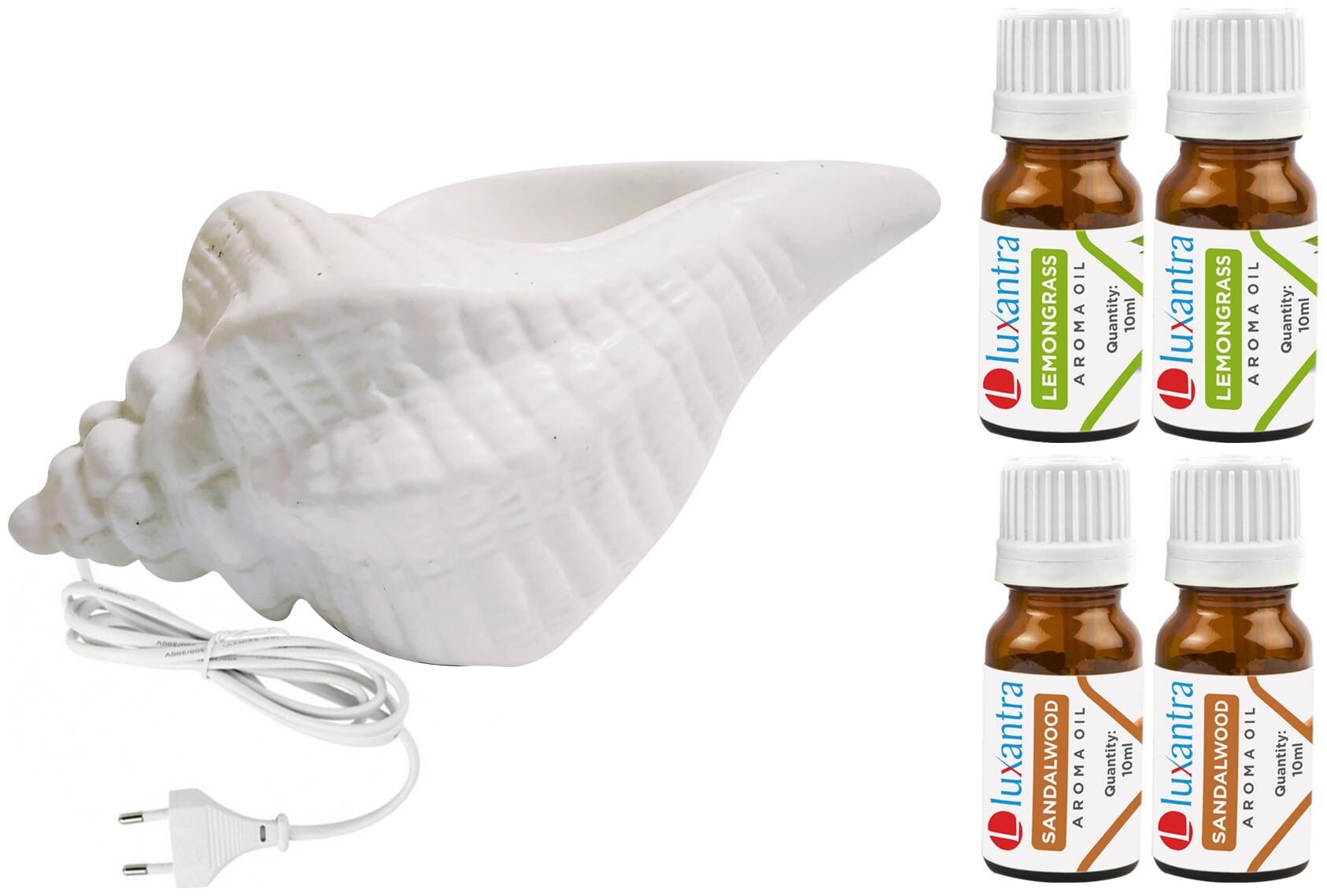 

Luxantra White Ceramic Electric Shankh Aroma Diffuser with 2 Lemongrass 2 Sandalwood Aroma Oil 10ml Each for Home Office hotel 20x11x11cm