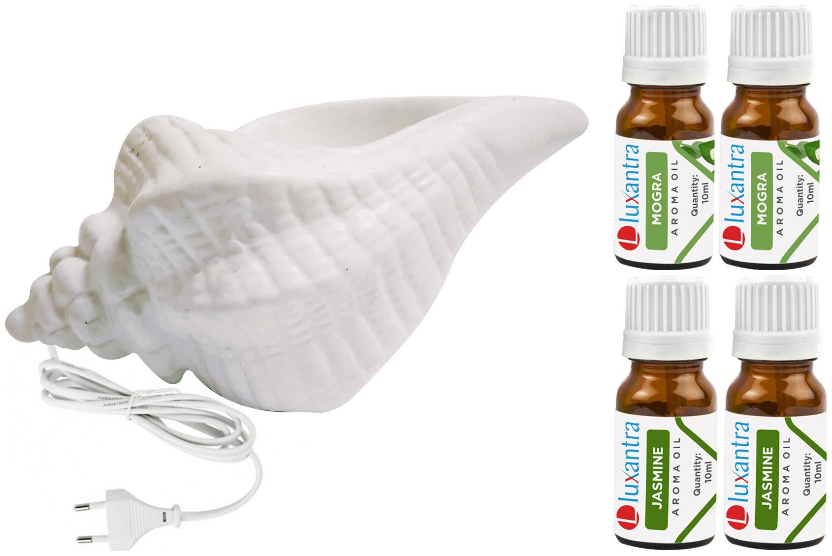 

Luxantra White Ceramic Electric Shankh Aroma Diffuser with 2 Mogra 2 Jasmine Aroma Oil 10ml Each for Home Office hotel 20x11x11cm