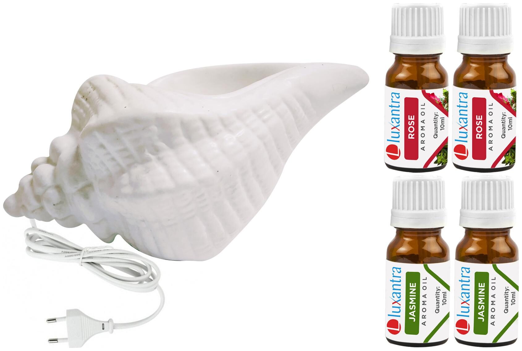 

Luxantra White Ceramic Electric Shankh Aroma Diffuser with 2 Rose 2 Jasmine Aroma Oil 10ml Each for Home Office hotel 20x11x11cm