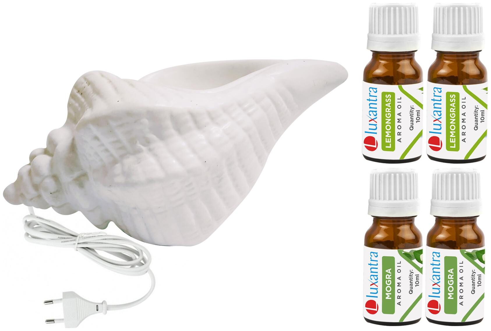 

Luxantra White Ceramic Electric Shankh Aroma Diffuser with 2 Lemongrass 2 Mogra Aroma Oil 10ml Each for Home Office hotel 20x11x11cm