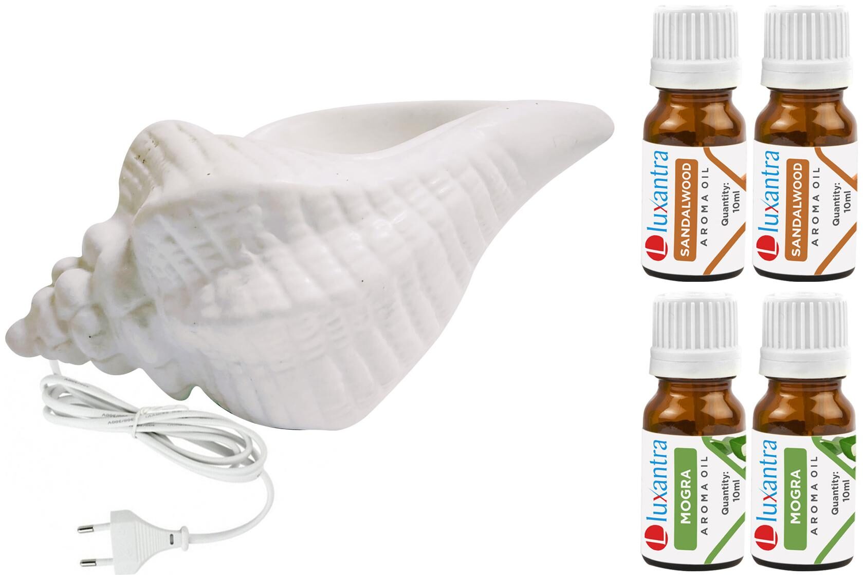 

Luxantra White Ceramic Electric Shankh Aroma Diffuser with 2 Sandalwood 2 Mogra Aroma Oil 10ml Each for Home Office hotel 20x11x11cm