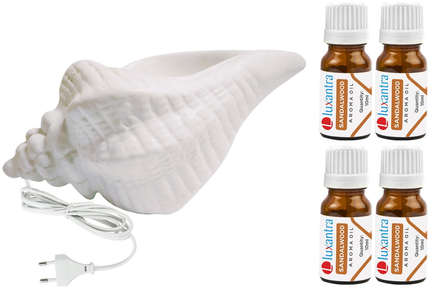 

Luxantra White Ceramic Electric Shankh Aroma Diffuser with 4 Sandalwood Aroma Oil 10ml Each for Home Office hotel 20x11x11cm
