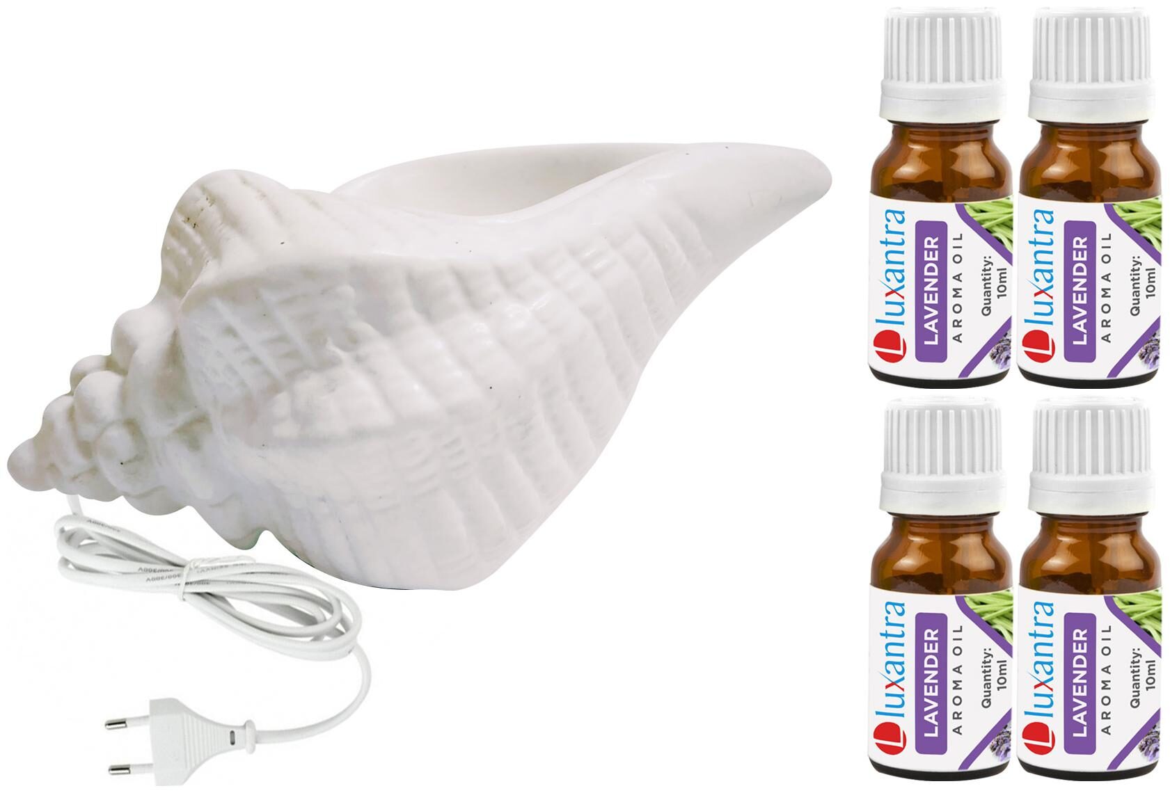 

Luxantra White Ceramic Electric Shankh Aroma Diffuser with 4 Lavender Aroma Oil 10ml Each for Home Office hotel 20x11x11cm