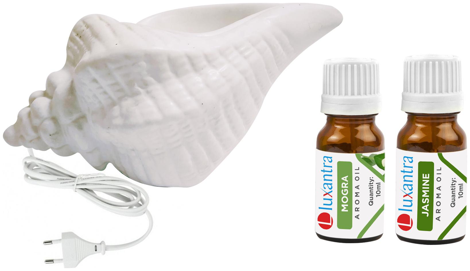 

Luxantra White Ceramic Electric Shankh Aroma Diffuser with Mogra Jasmine Aroma Oil 10ml Each for Home Office hotel 20x11x11cm