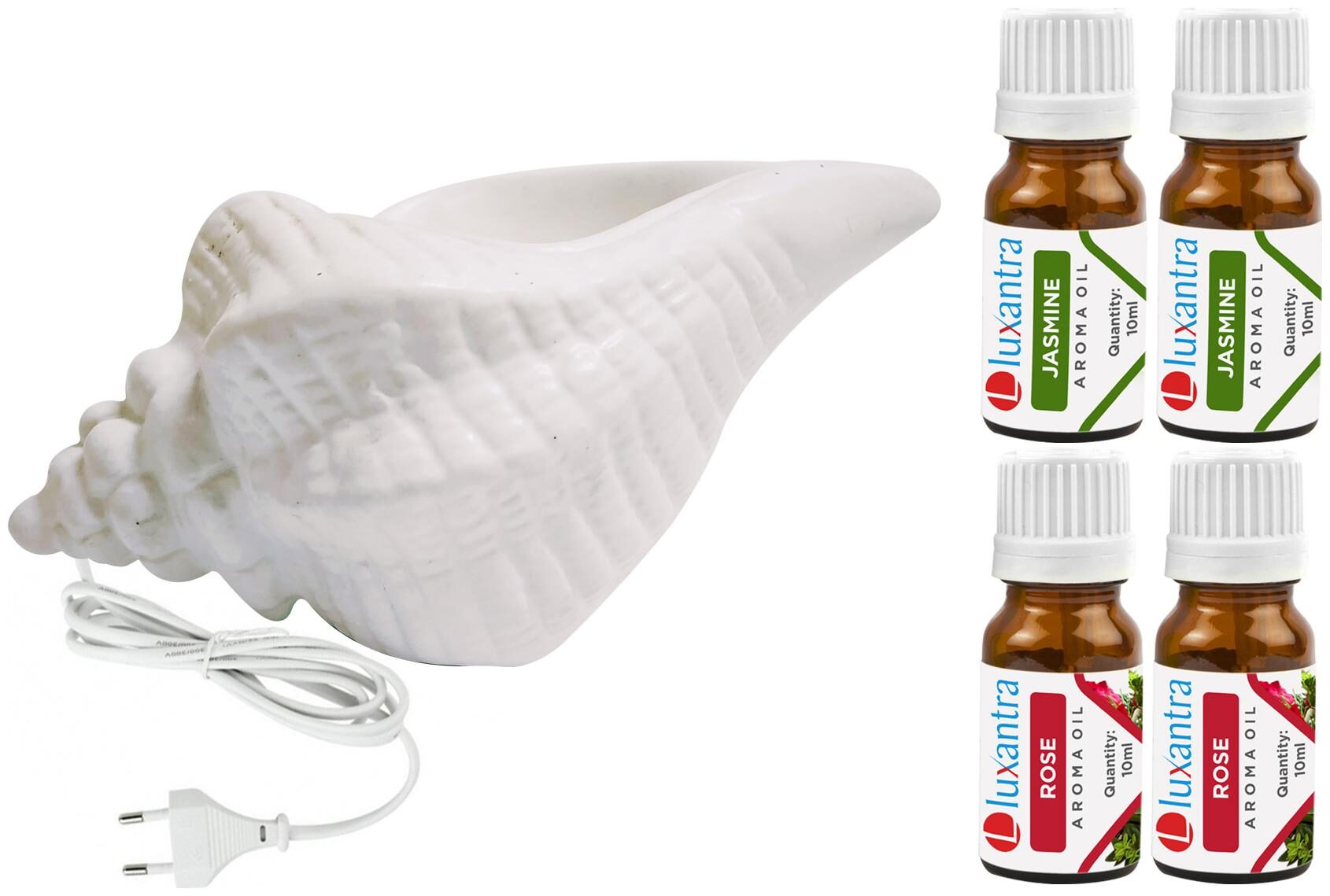 

Luxantra White Ceramic Electric Shankh Aroma Diffuser with 2 Jasmine 2 Rose Aroma Oil 10ml Each for Home Office hotel 20x11x11cm