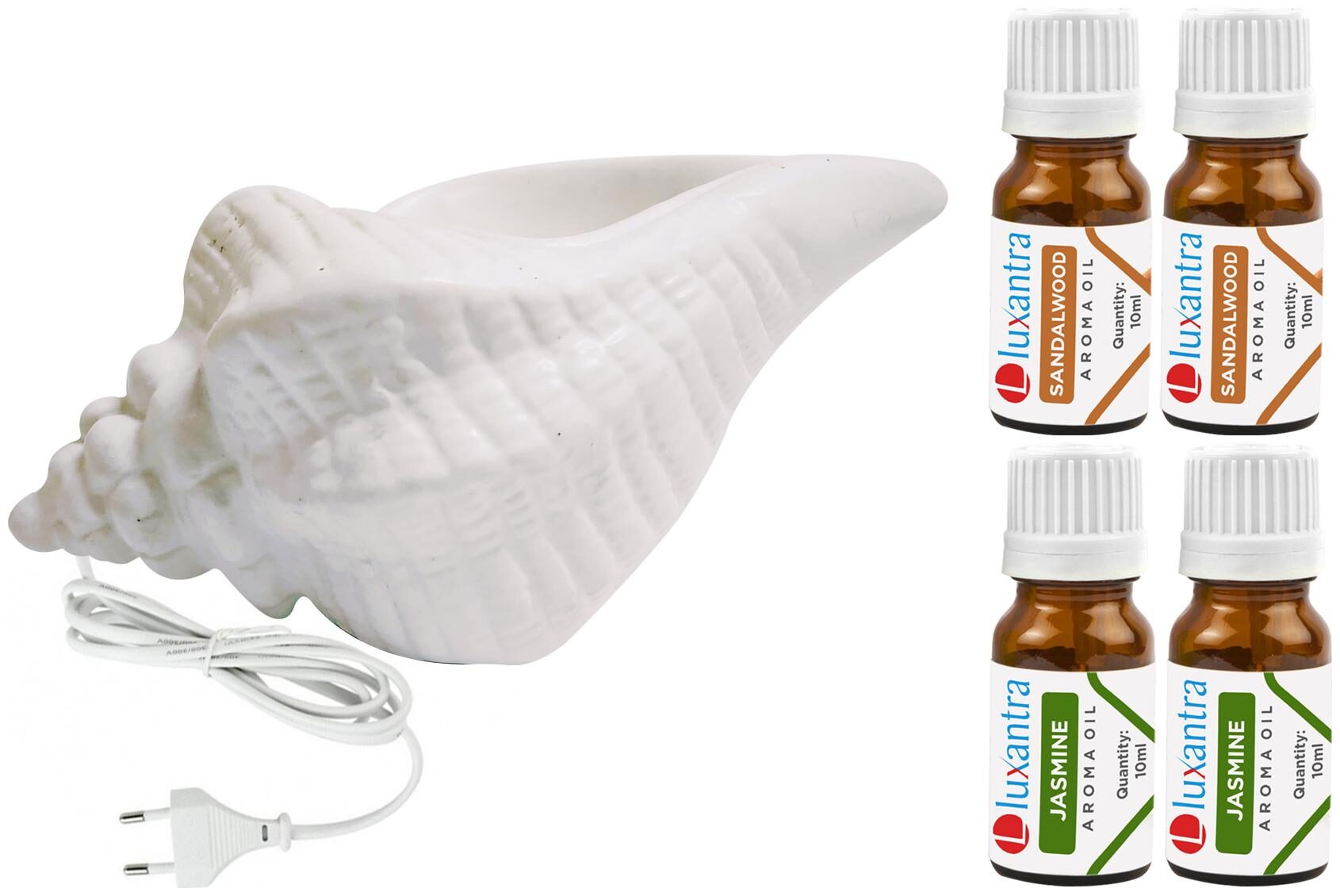 

Luxantra White Ceramic Electric Shankh Aroma Diffuser with 2 Sandalwood 2 Jasmine Aroma Oil 10ml Each for Home Office hotel 20x11x11cm
