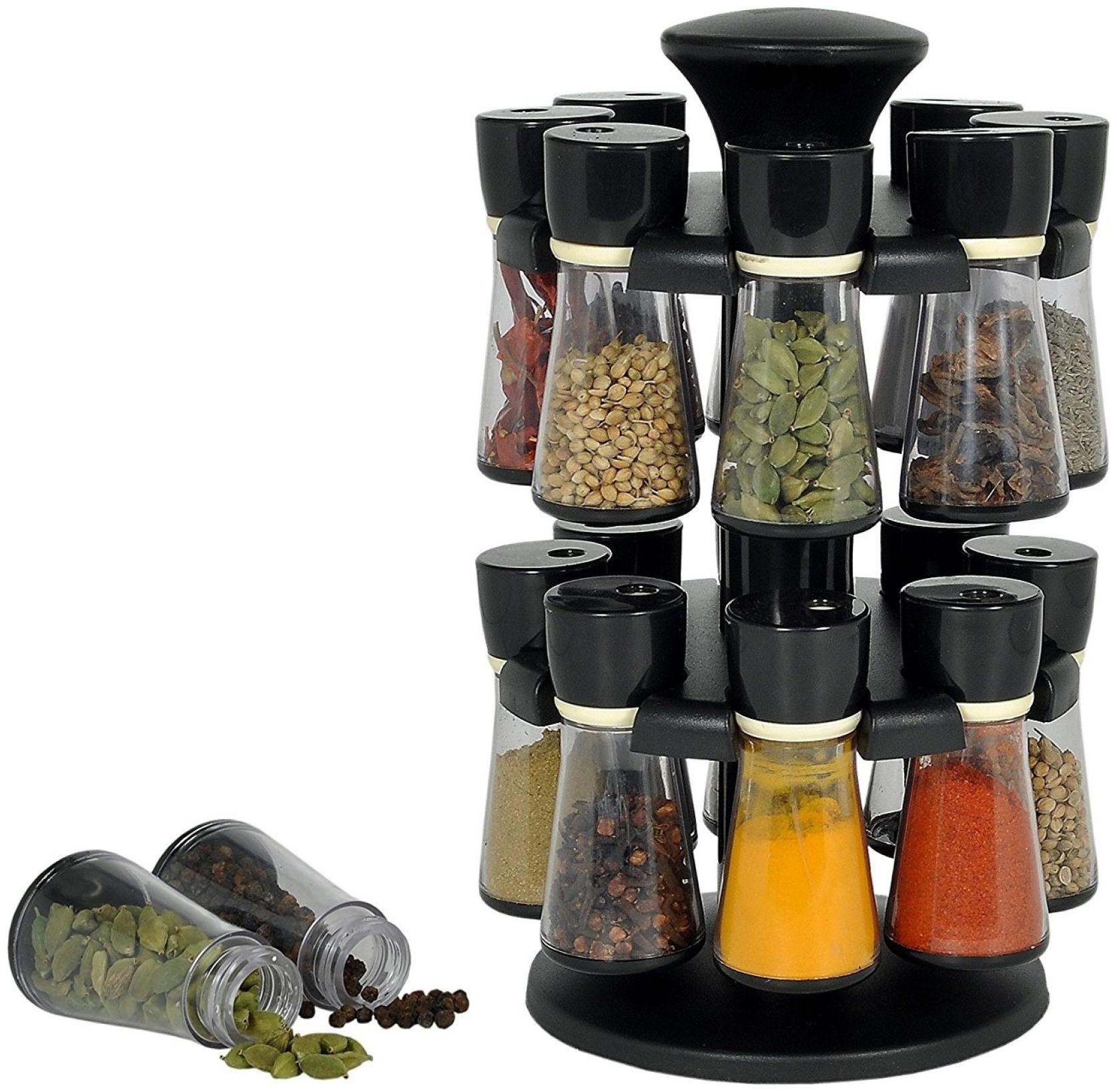 

Makewell Kitchenware Premium Plastic Multipurpose 360 Dgree Revolving Plastic Spice with 16 pcs jar s Spice Set-120ml (Set of 1 BLACK)