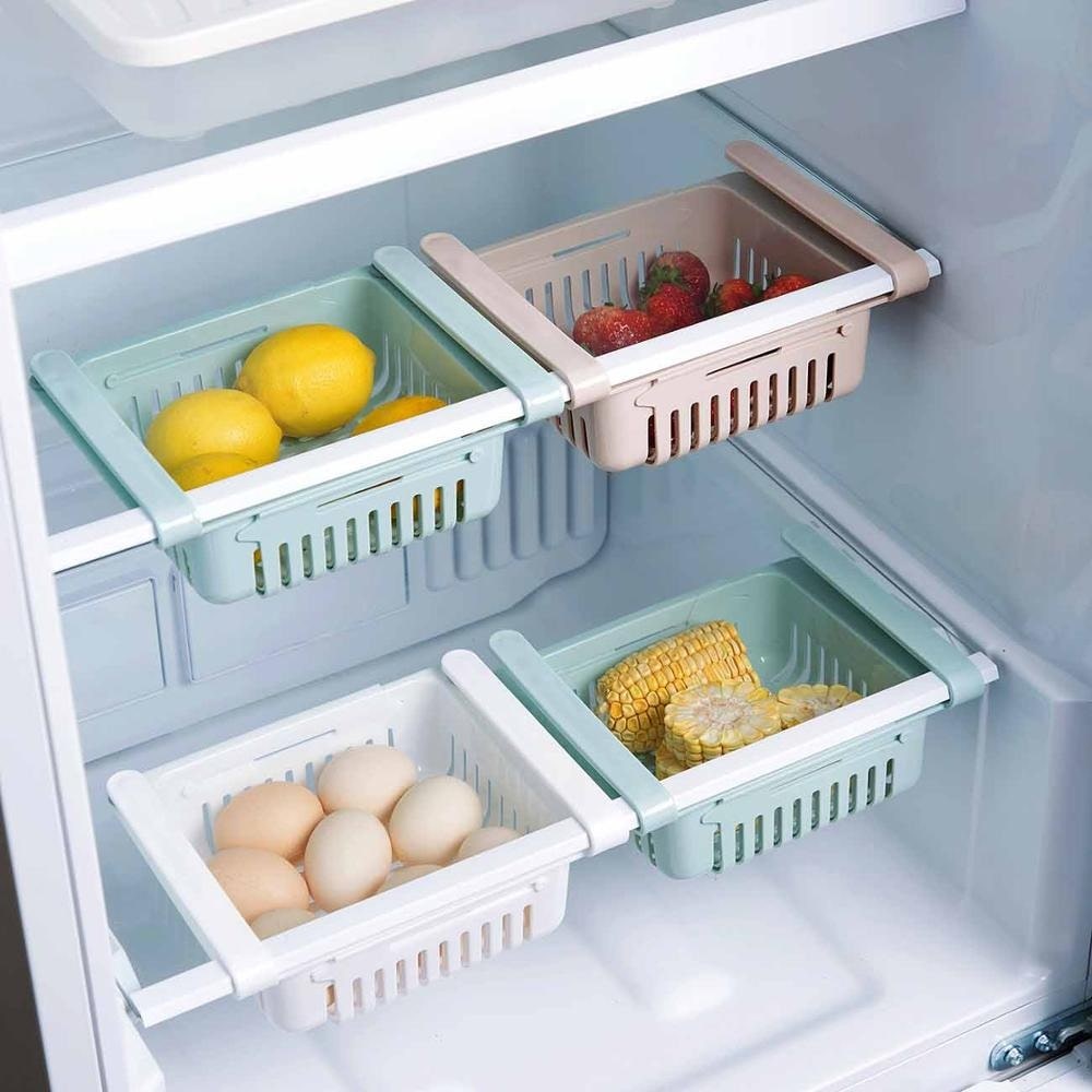 

Marketon Expandable Adjustable Fridge Storage Basket Expandable Fridge Storage Rack Tray Space Saver Food Organizer (Assorted Color) 4pcs