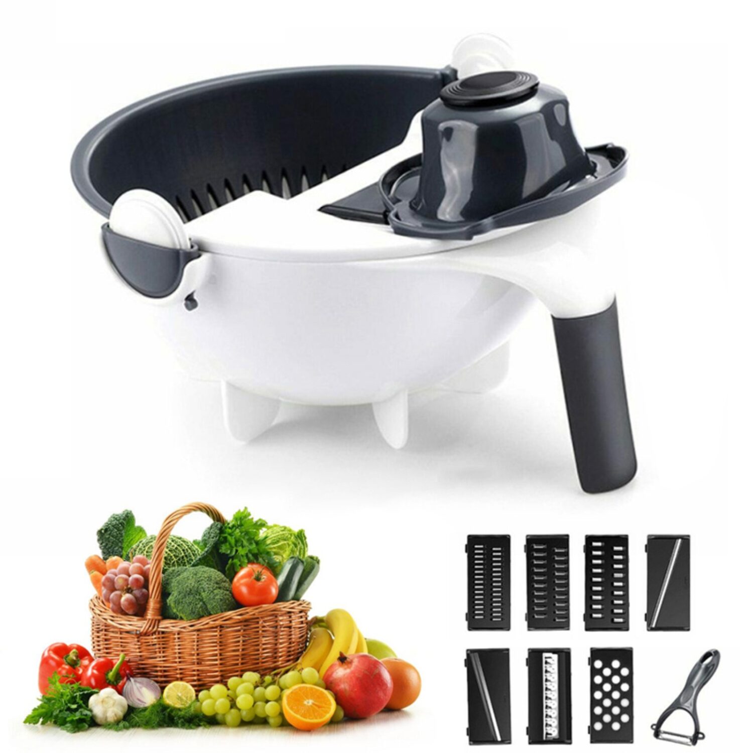 

Marketon Vegetable Cutter with Rotating Drain Basket Chopper Grater Slicer Peeler for Kitchen Use (Set of 1)