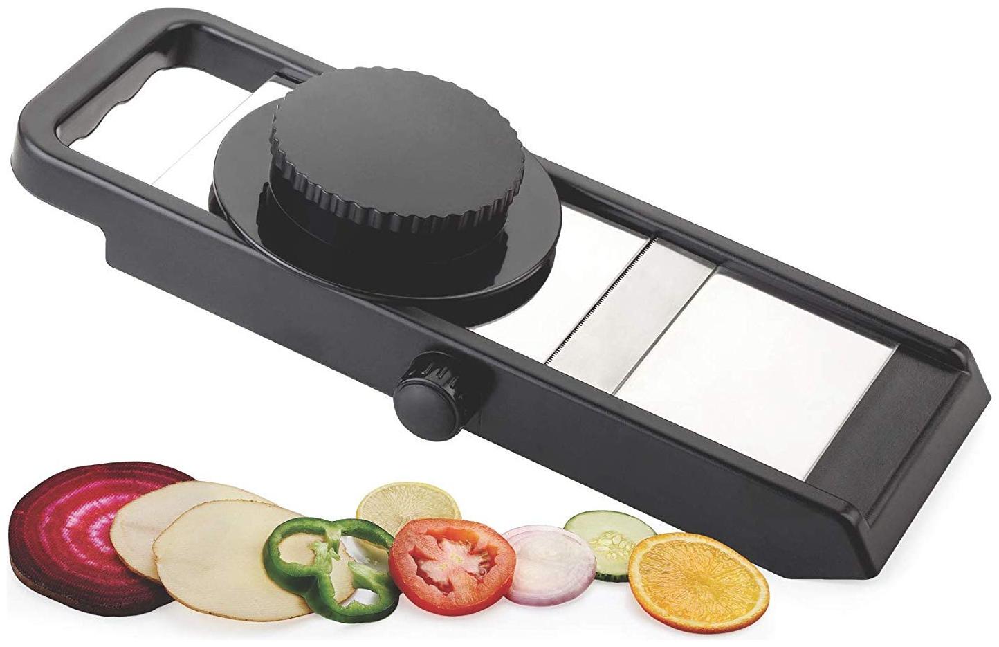 

Marketwala Adjustable Slicer With Stainless Steel Blade For Potato Onion Carrorts Beat Tomato With Safety Holder (Black) -Set of 1