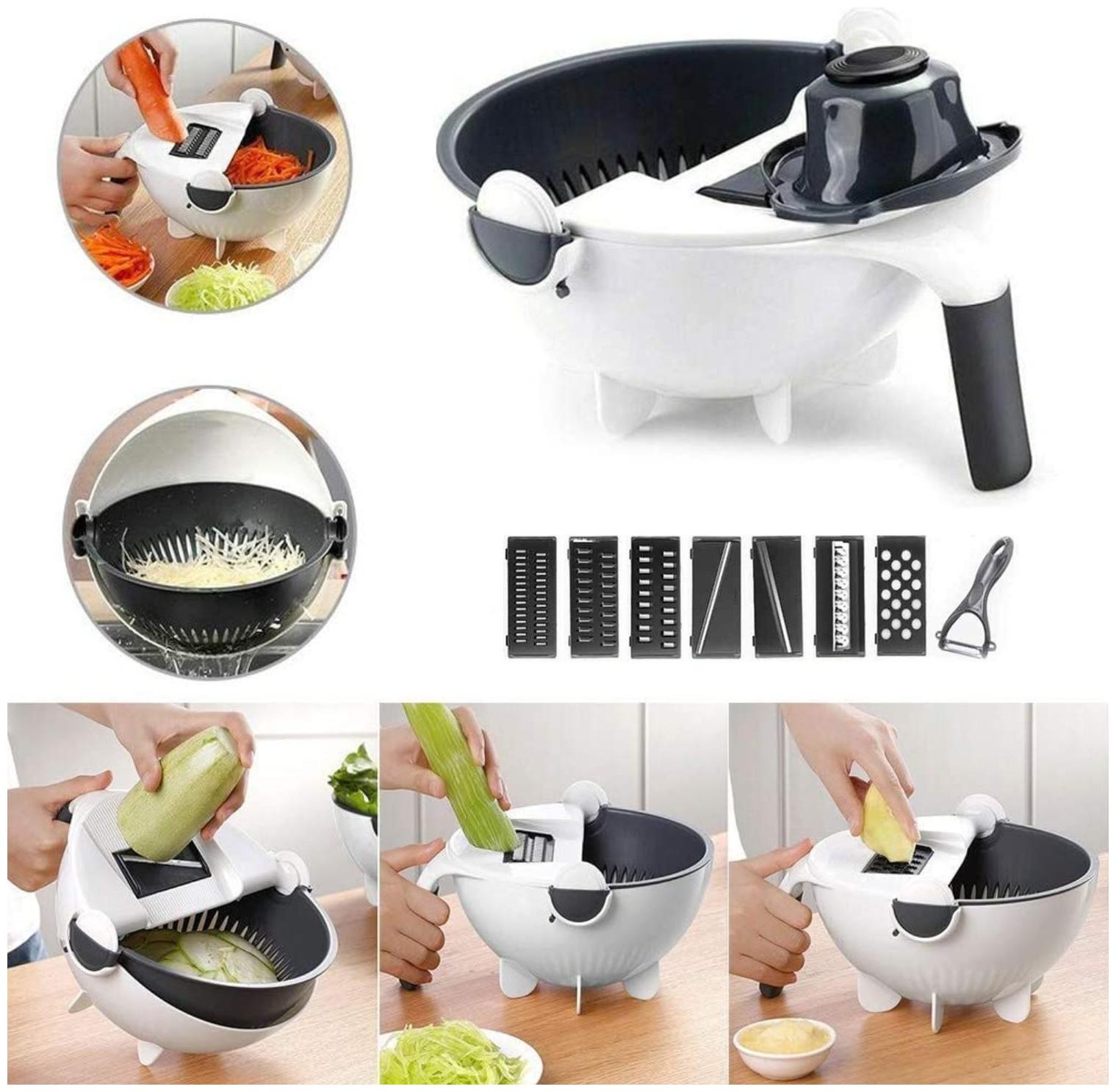 

Marketwala Multiple Use Rotate Drain Basket with 7 Blades Vegetable Cutter Grater Slicer for Kitchen (Set of 1)