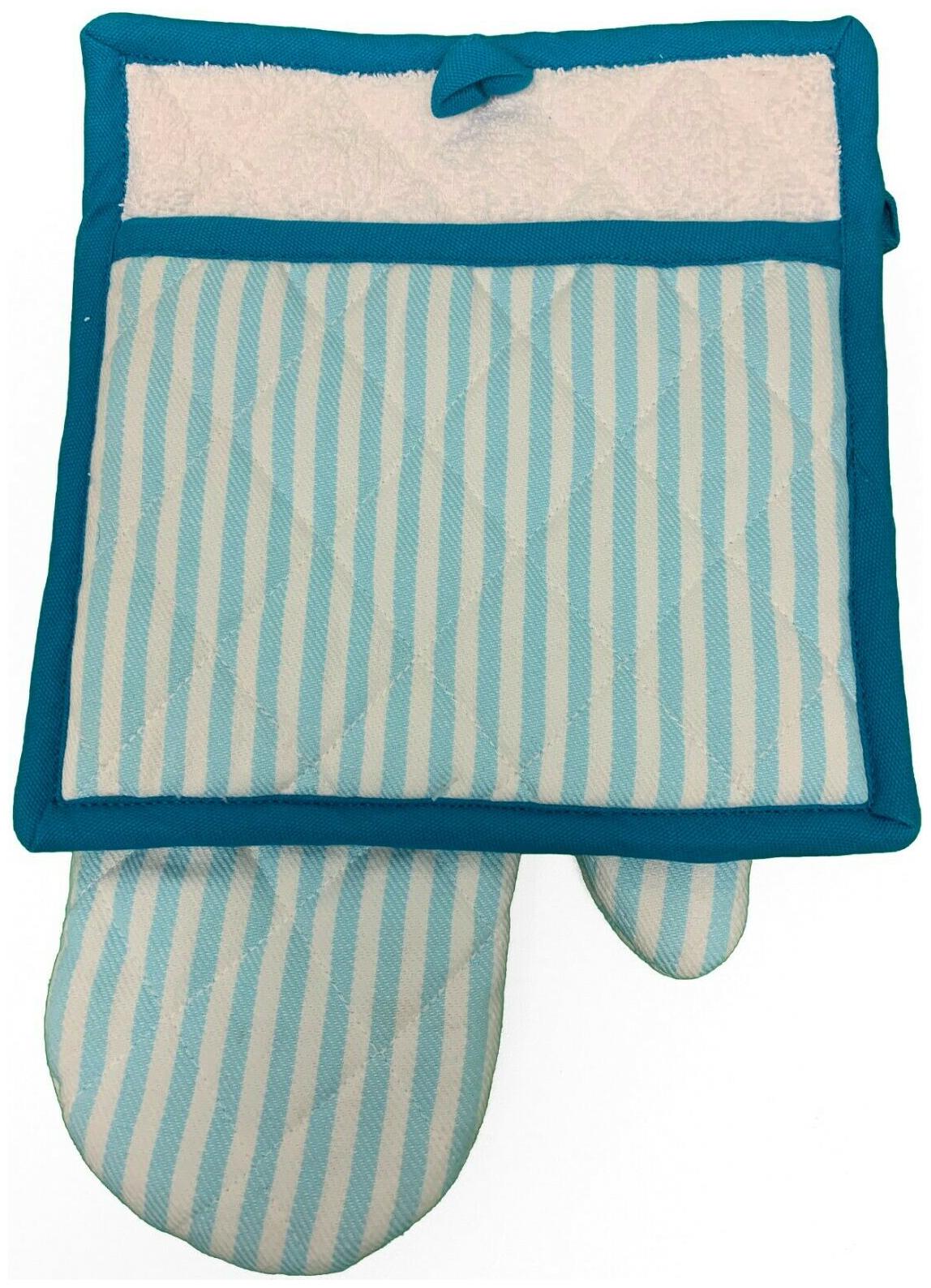 

Martha Stewart Pot Holder Oven Mitt Aqua Stripe Trim Baking Set