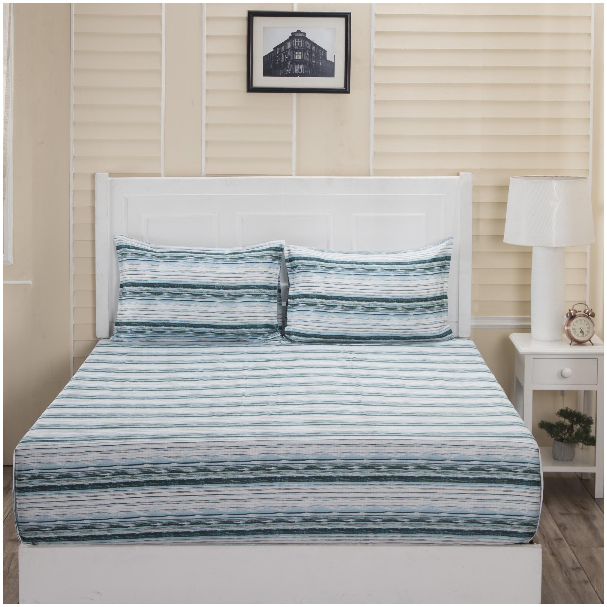 

Maspar Cotton Striped Double Size Bedsheet 210 TC ( 1 Bedsheet With 2 Pillow Covers Blue White )