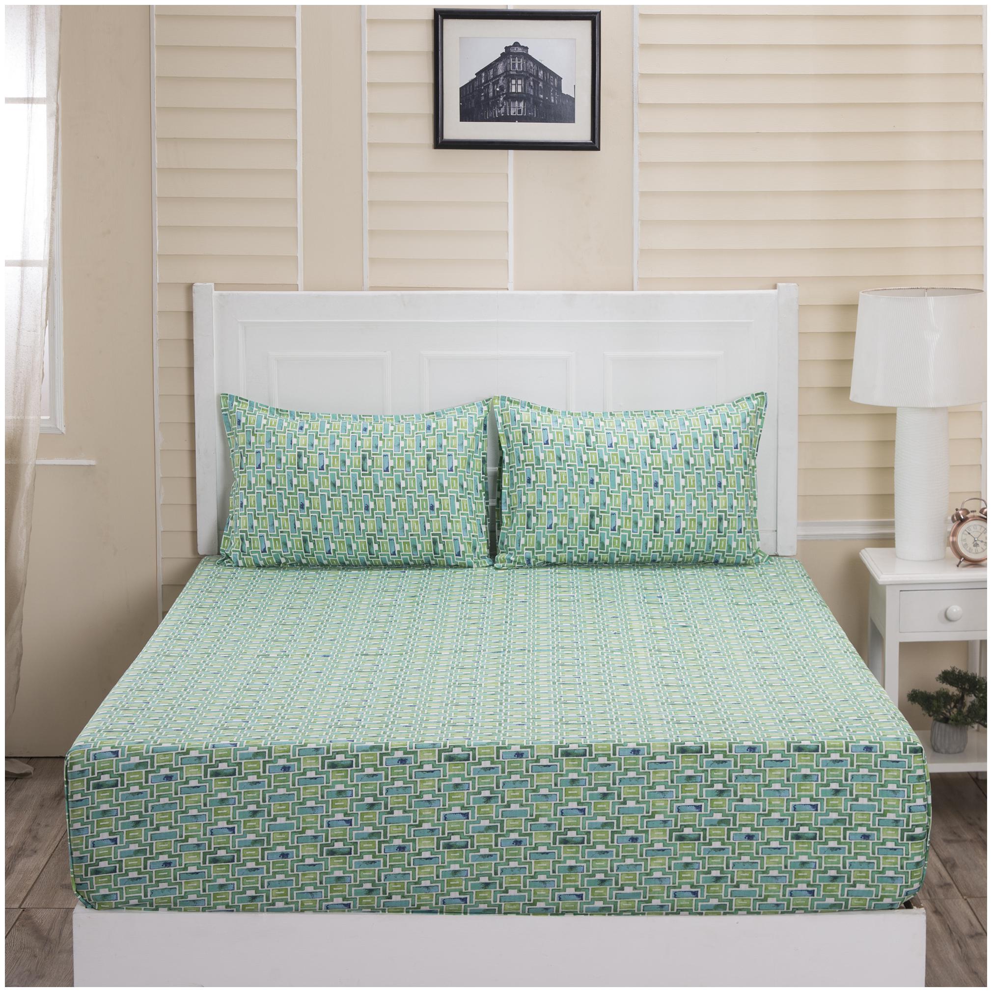 

Maspar Cotton Abstract Double Size Bedsheet 144 TC ( 1 Bedsheet With 2 Pillow Covers Green )