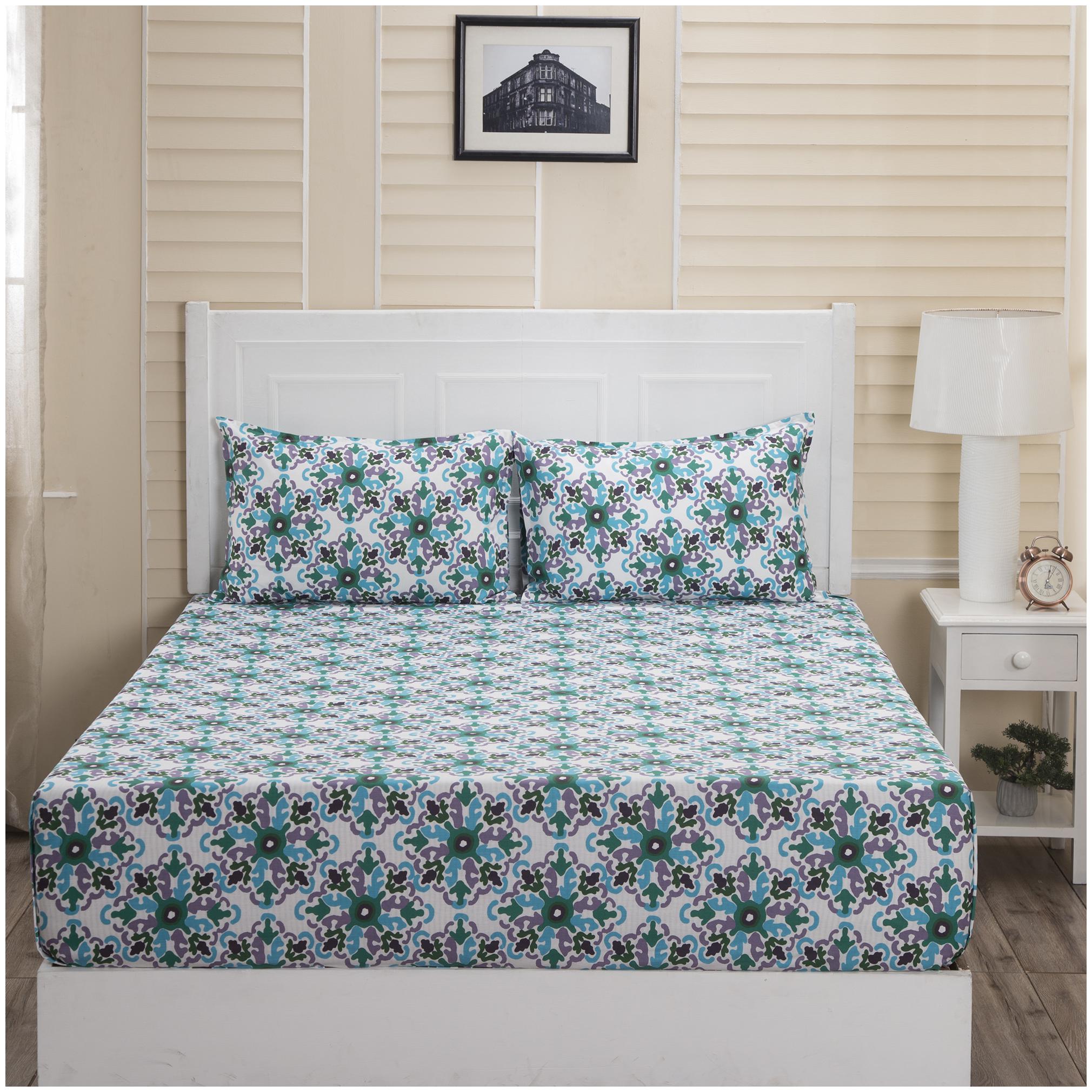 

Maspar Cotton Abstract Double Size Bedsheet 144 TC ( 1 Bedsheet With 2 Pillow Covers Blue )