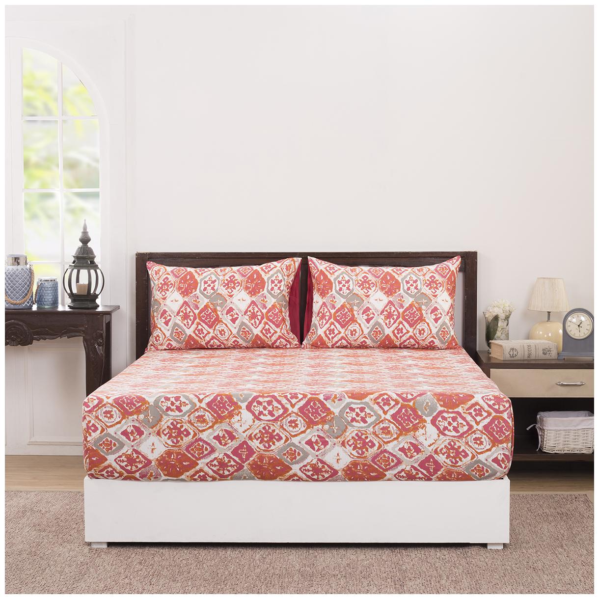 

Maspar Cotton Geometric Double Size Bedsheet 210 TC ( 1 Bedsheet With 2 Pillow Covers Red )