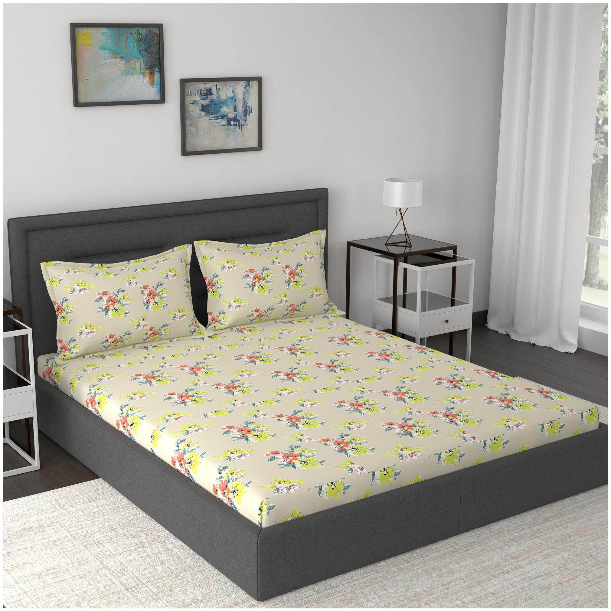 

Maspar Cotton Floral Double Size Bedsheet 210 TC ( 1 Bedsheet With 2 Pillow Covers Beige )