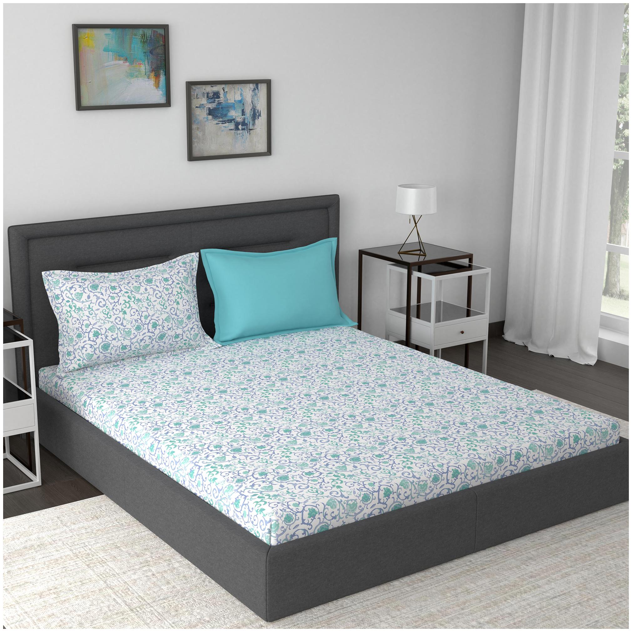 

Maspar Cotton Floral King Size Bedsheet 210 TC ( 1 Bedsheet With 2 Pillow Covers Blue )
