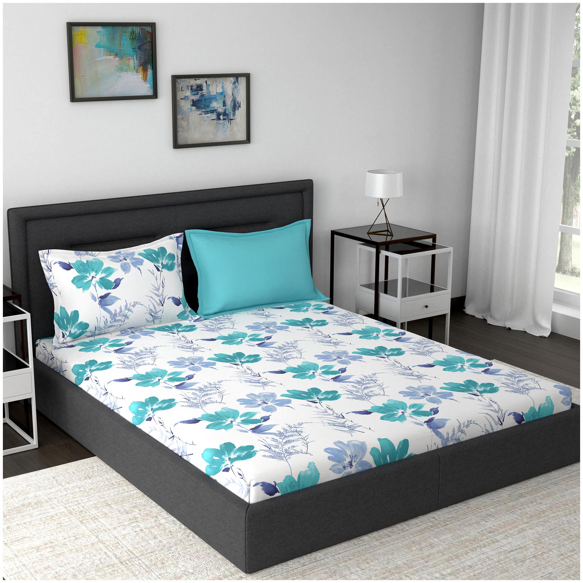 

Maspar Cotton Floral King Size Bedsheet 210 TC ( 1 Bedsheet With 2 Pillow Covers Blue )