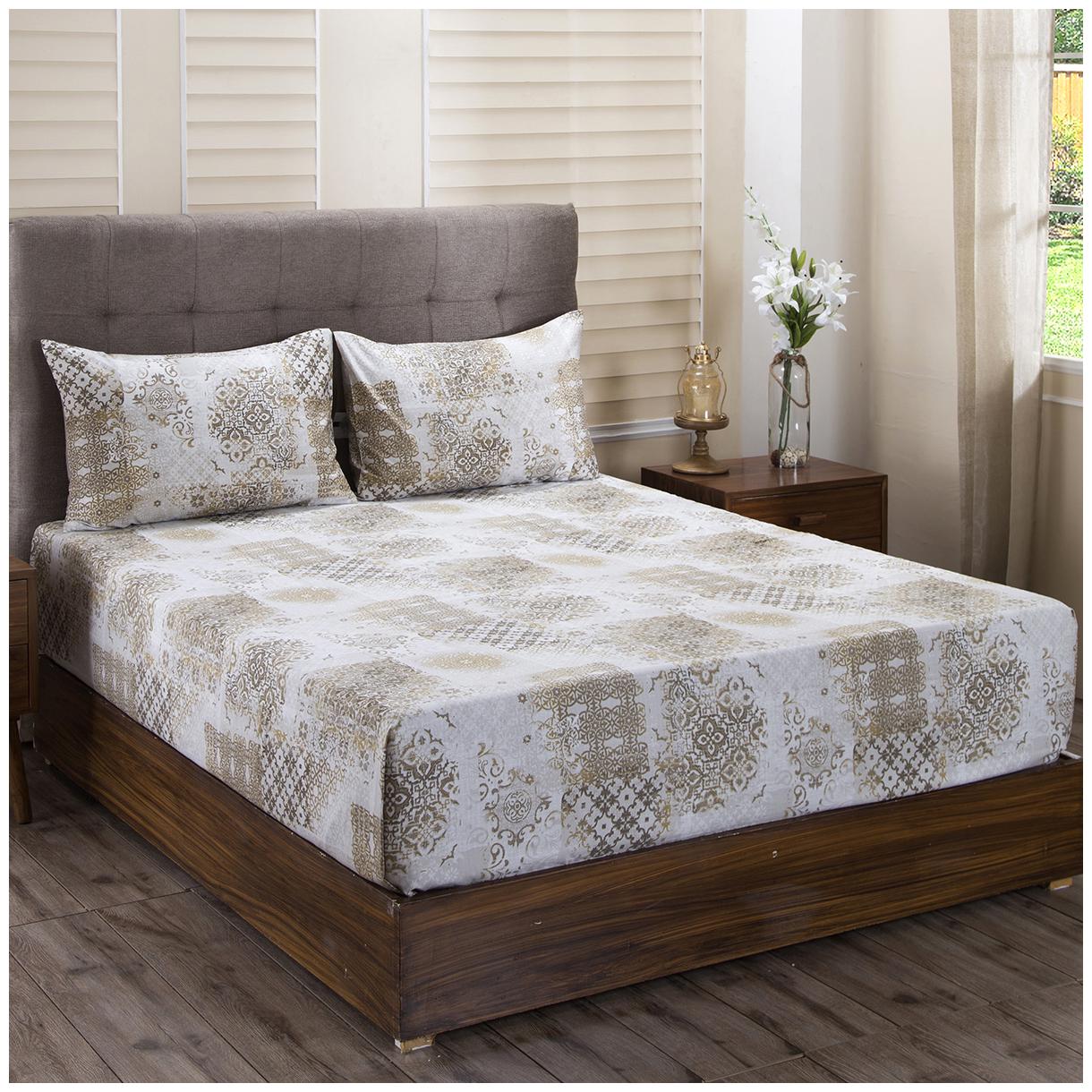 

Maspar Cotton Abstract King Size Bedsheet 400 TC ( 1 Bedsheet With 2 Pillow Covers Golden )