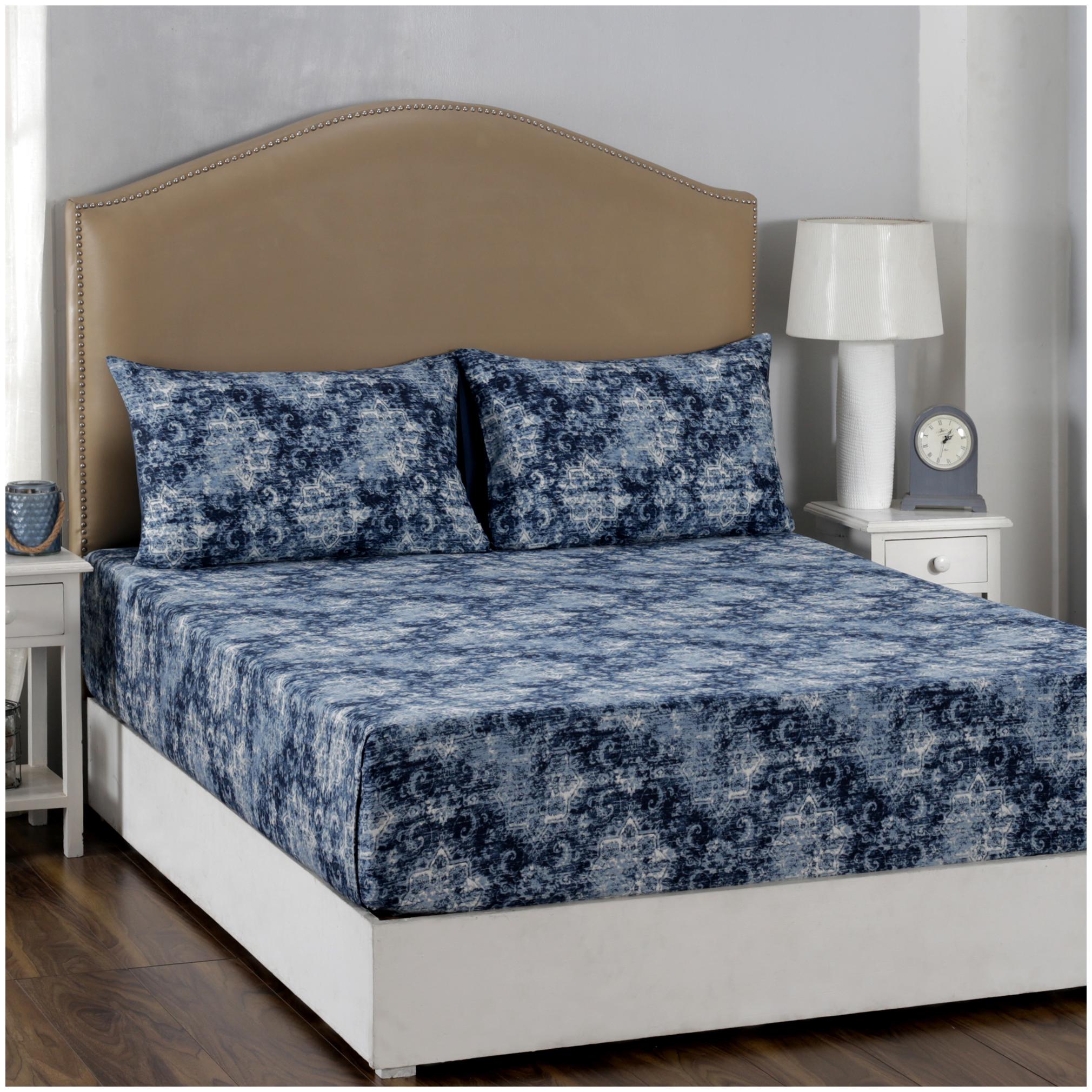 

Maspar Cotton Abstract Double Size Bedsheet 210 TC ( 1 Bedsheet With 2 Pillow Covers Blue )