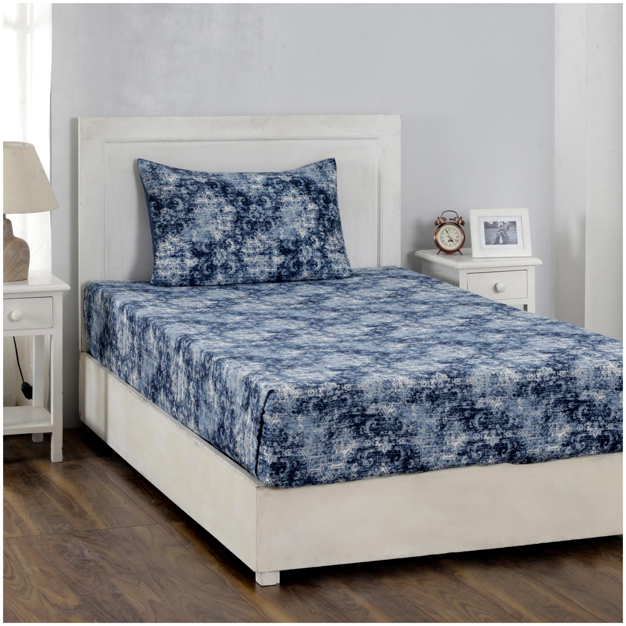 

Maspar Cotton Abstract Single Size Bedsheet 210 TC ( 1 Bedsheet With 1 Pillow Covers Blue )