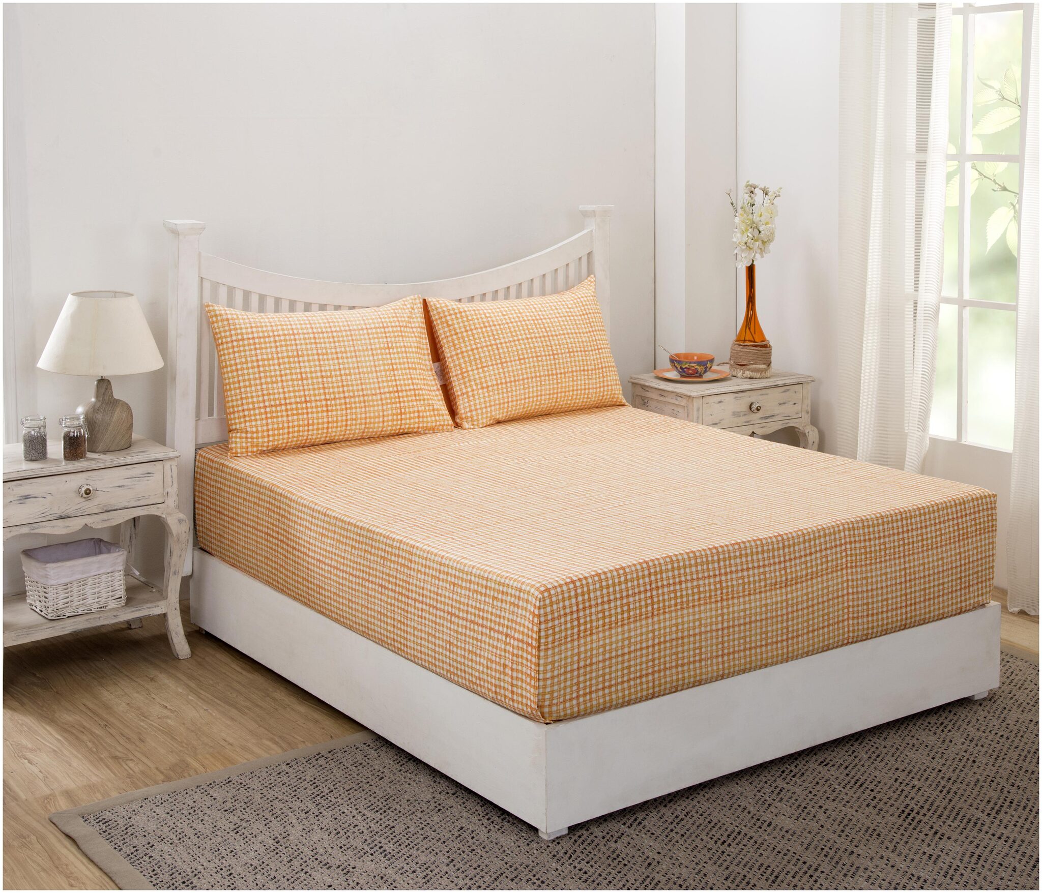 

Maspar Cotton Checkered Double Size Bedsheet 210 TC ( 1 Bedsheet With 2 Pillow Covers Orange )
