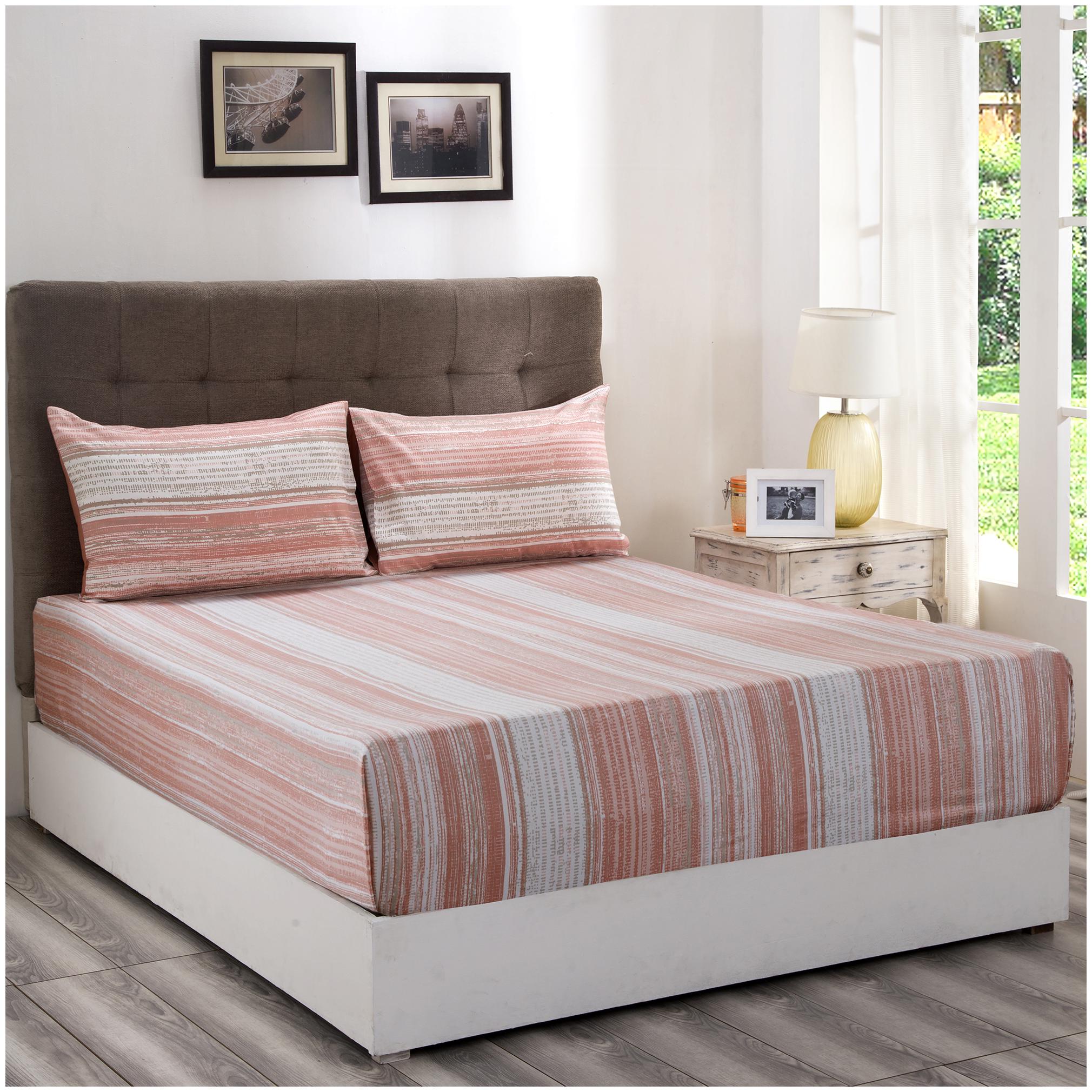 

Maspar Cotton Striped Queen Size Bedsheet 210 TC ( 1 Bedsheet With 2 Pillow Covers Peach )