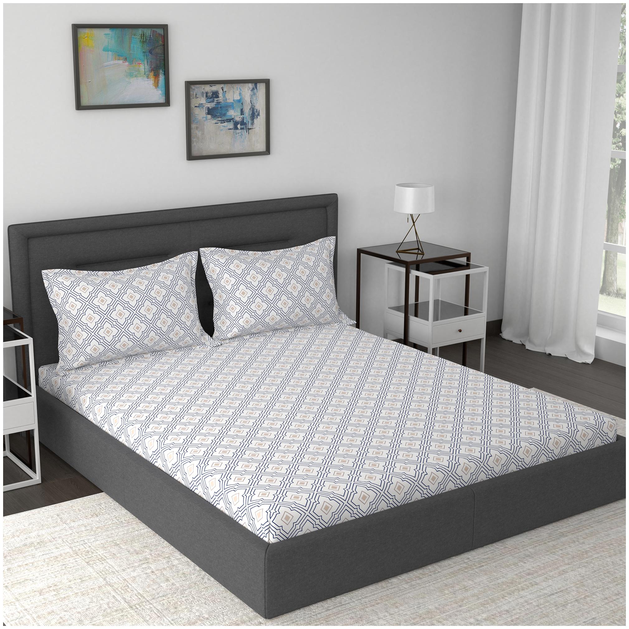 

Maspar Cotton Abstract Double Size Bedsheet 210 TC ( 1 Bedsheet With 2 Pillow Covers Blue )