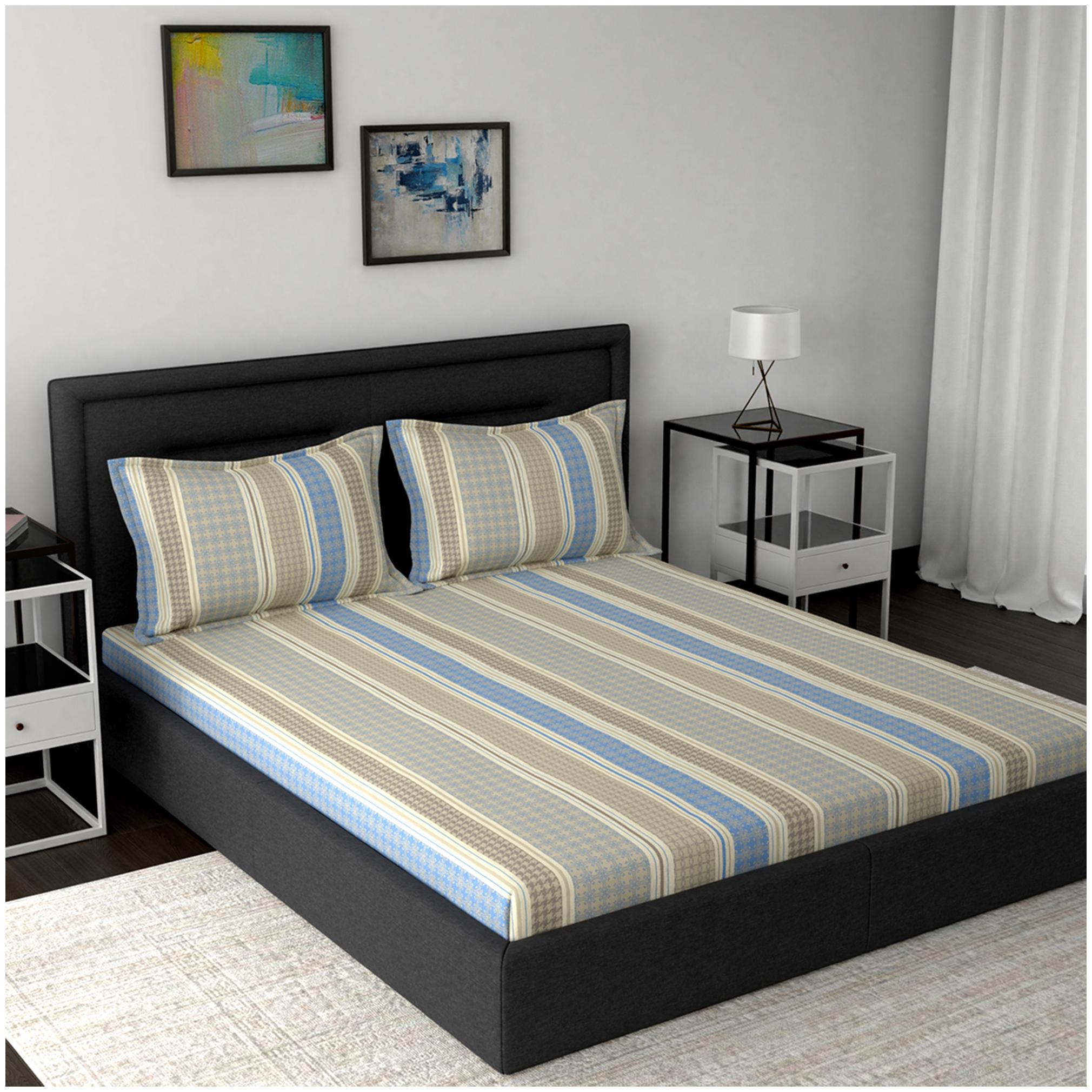 

Maspar Cotton Striped Double Size Bedsheet 200 TC ( 1 Bedsheet With 2 Pillow Covers Blue )