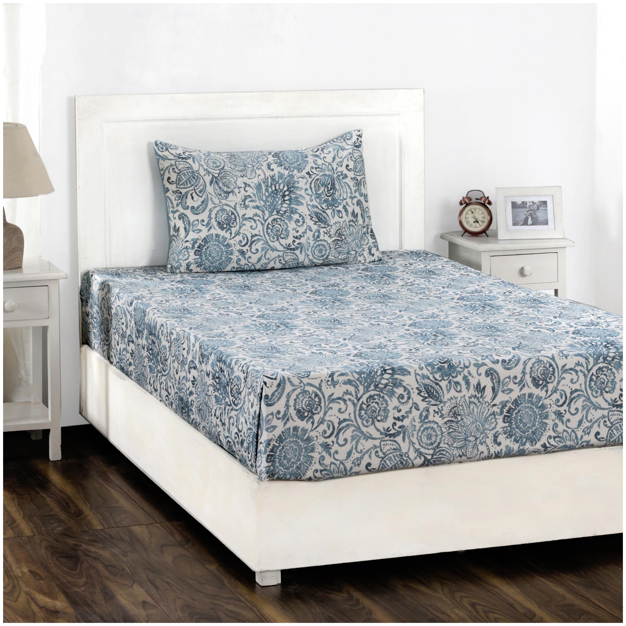 

Maspar Cotton Floral Single Size Bedsheet 210 TC ( 1 Bedsheet With 1 Pillow Covers Blue )