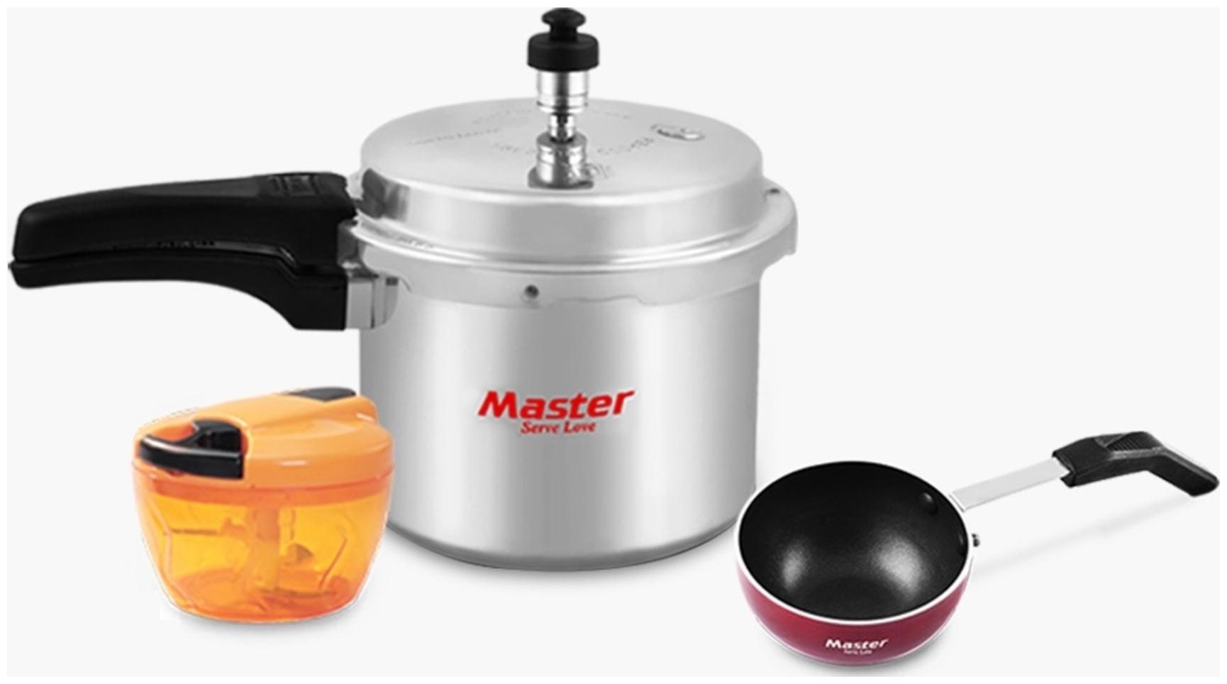 

Master Perfect Combo Aluminium 3L Outer Lid Pressure Cooker 0 3L Capacity With 3 SS Blades Orange Chopper Non - Stick Tadka Pan (Set of 3)