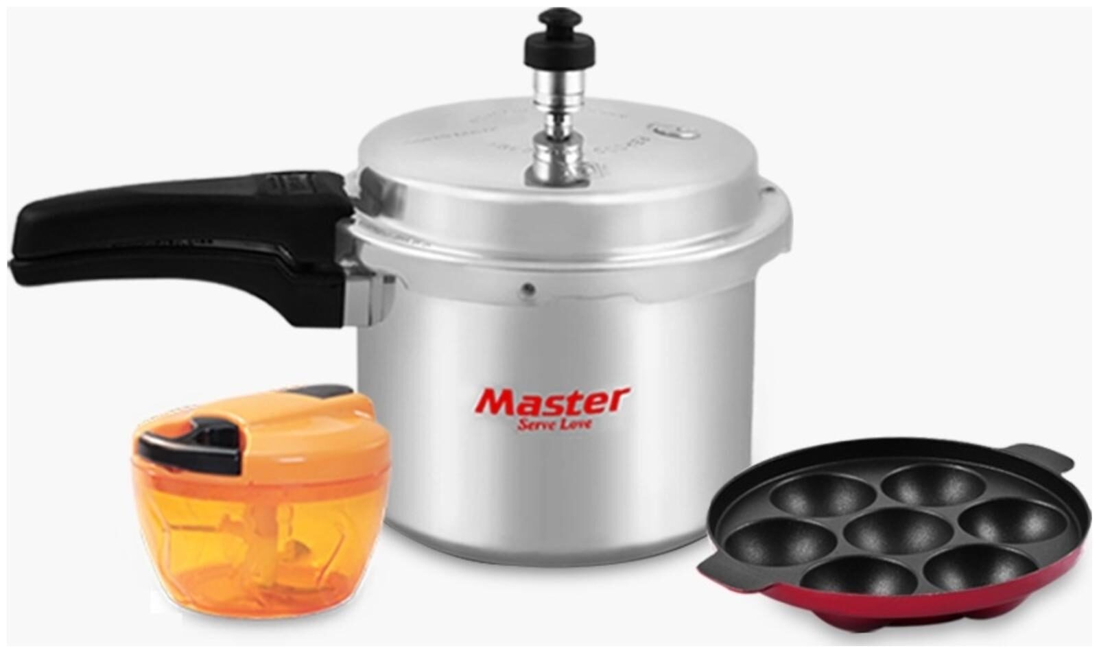 

Master Perfect Combo Aluminium3 L Outer Lid Pressure Cooker 0 3L Capacity With 3 SS Blades Orange Chopper 7 Hole Paniyarkal (Set of 3)