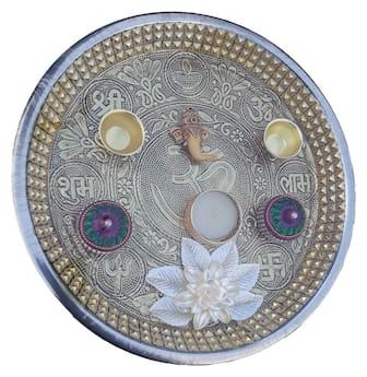 

MENDLY Steel Plate Laxmi Ganesh Diwali Pooja Thali Set 10 inch