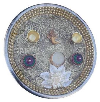 

MENDLY Steel Plate Laxmi Ganesh Diwali Pooja Thali Set 10 inch