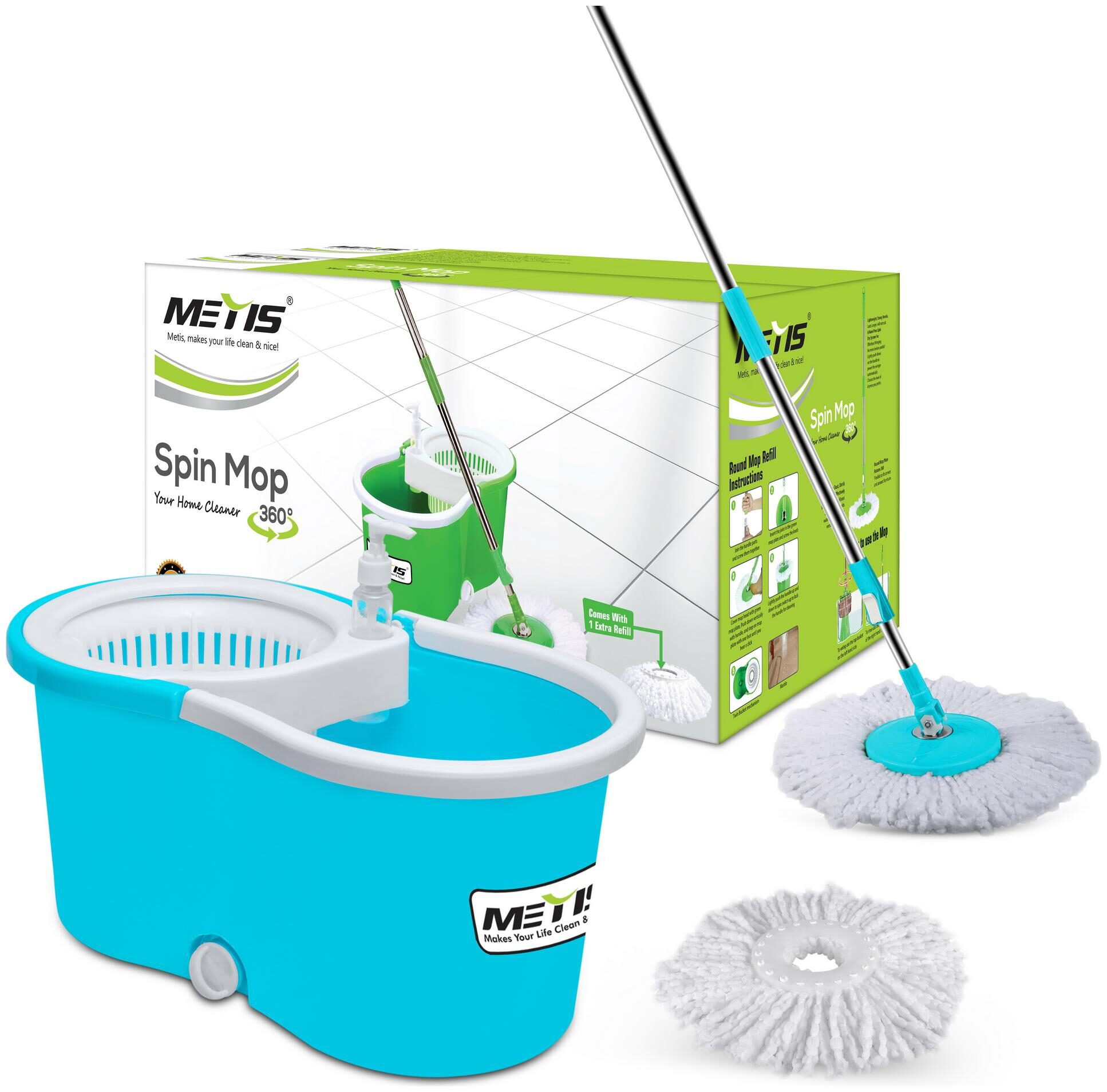 

Metis P 912 Plastic Spin Cleaning Bucket Mop with Easy Wheels with 2 Refills (Sky Blue)
